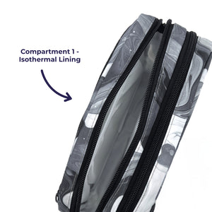 Black & White marble patterned kitbag black zips isothermal lining