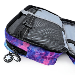 blue purple patterned kitbag close up ETC star logo zipper pulls mesh compartment